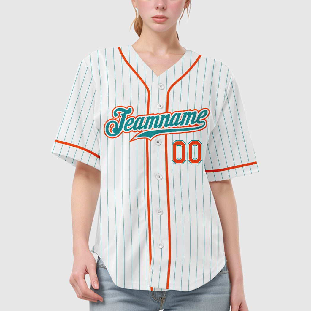 Custom White Teal Teal-Orange Piping Pinstripe Baseball Jersey