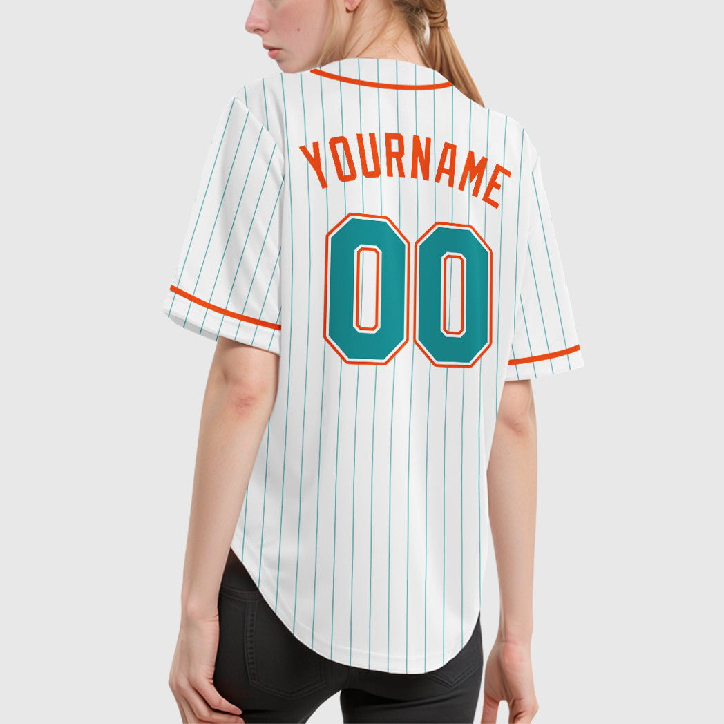 Custom White Teal Teal-Orange Piping Pinstripe Baseball Jersey