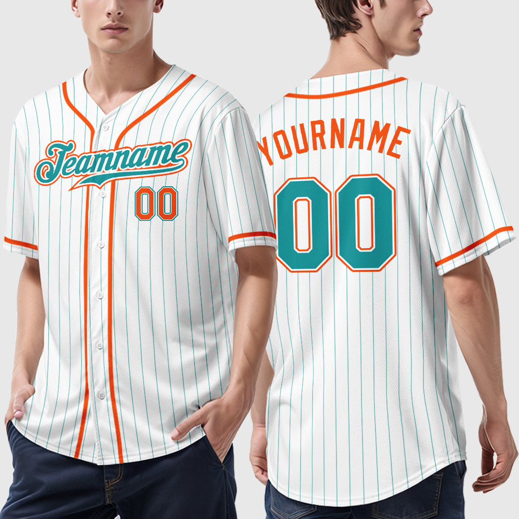Custom White Teal Teal-Orange Piping Pinstripe Baseball Jersey
