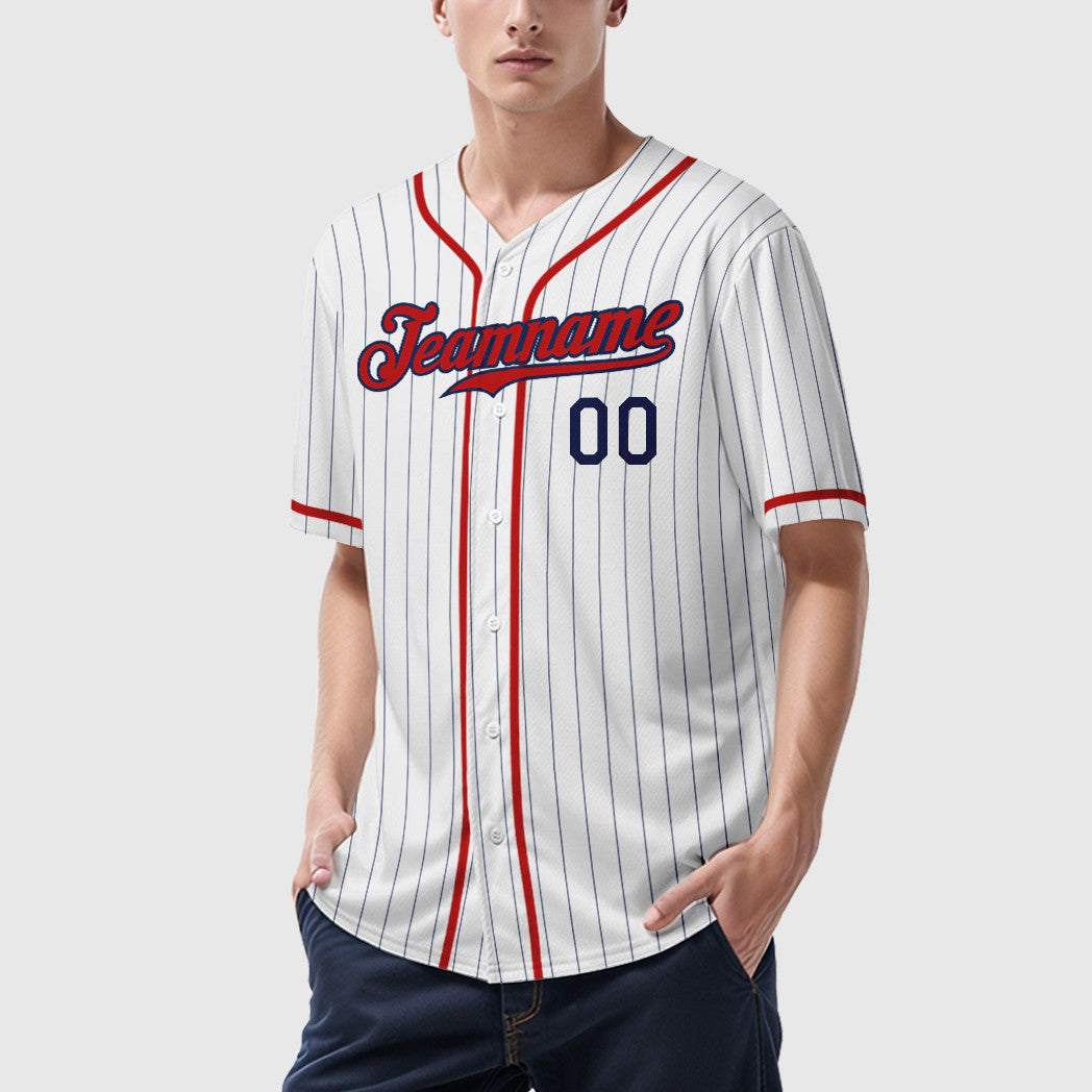 Custom White Navy Red Piping Pinstripe Baseball Jersey