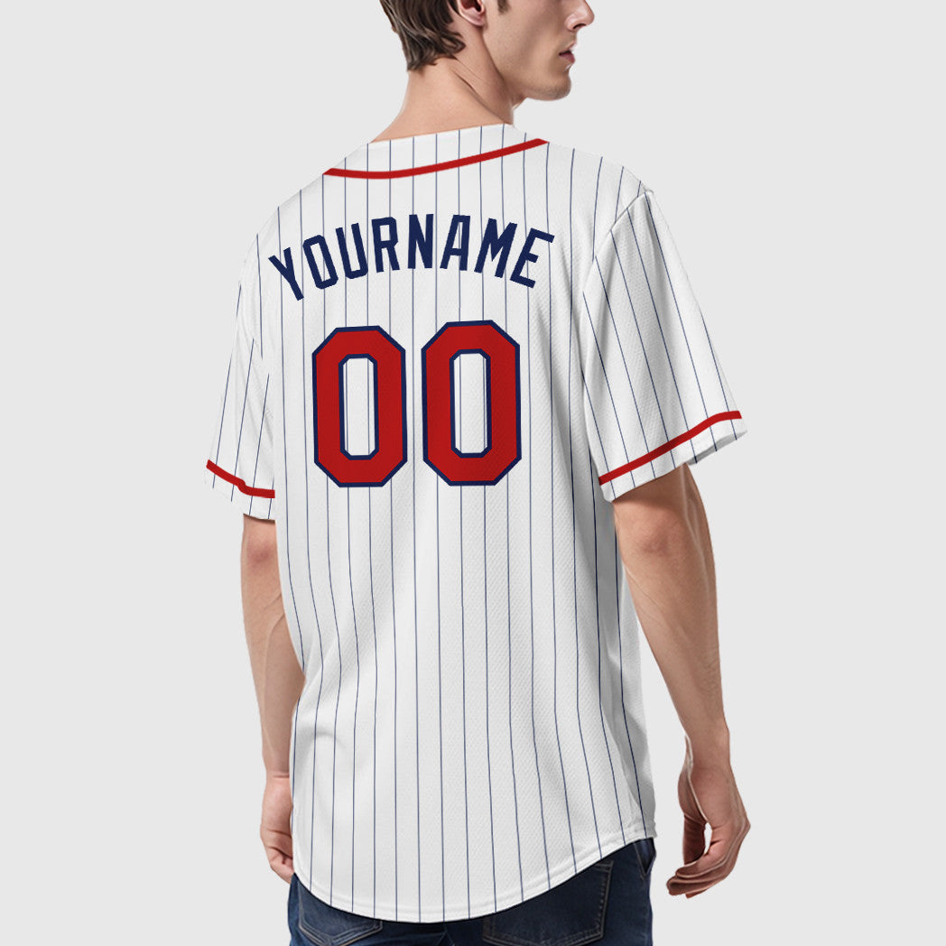 Custom White Navy Red Piping Pinstripe Baseball Jersey
