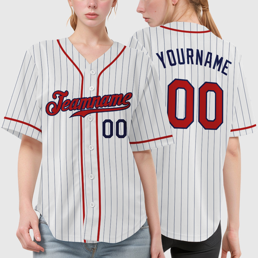 Custom White Navy Red Piping Pinstripe Baseball Jersey