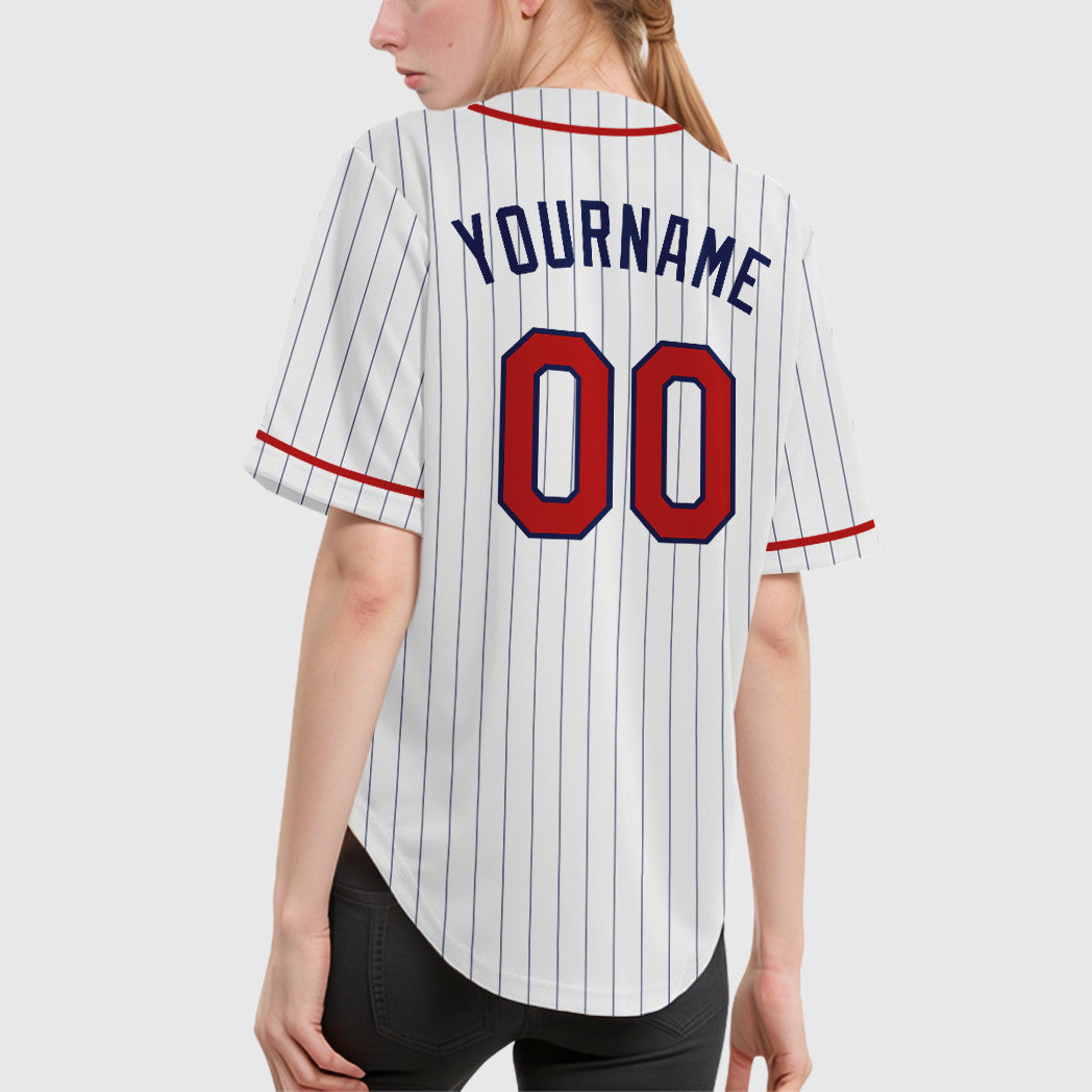 Custom White Navy Red Piping Pinstripe Baseball Jersey