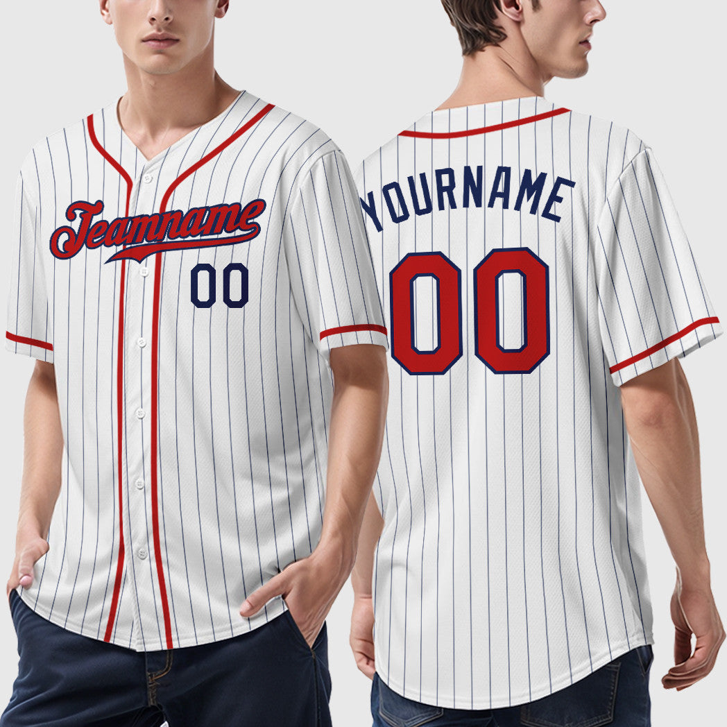 Custom White Navy Red Piping Pinstripe Baseball Jersey