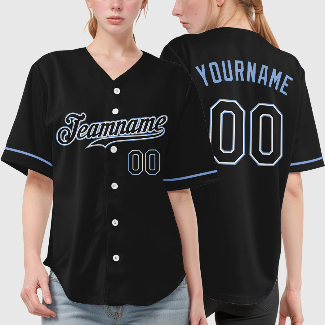 Custom Black Light Blue Black-White Baseball Jersey