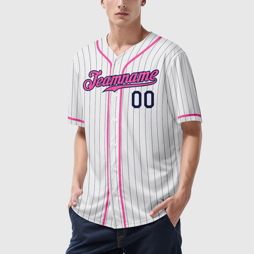 Custom White Navy Pink Piping Pinstripe Baseball Jersey