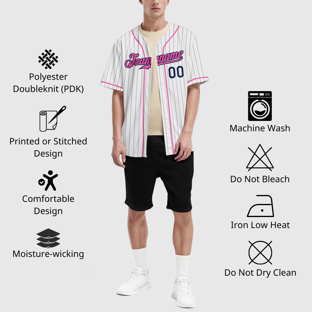 Custom White Navy Pink Piping Pinstripe Baseball Jersey
