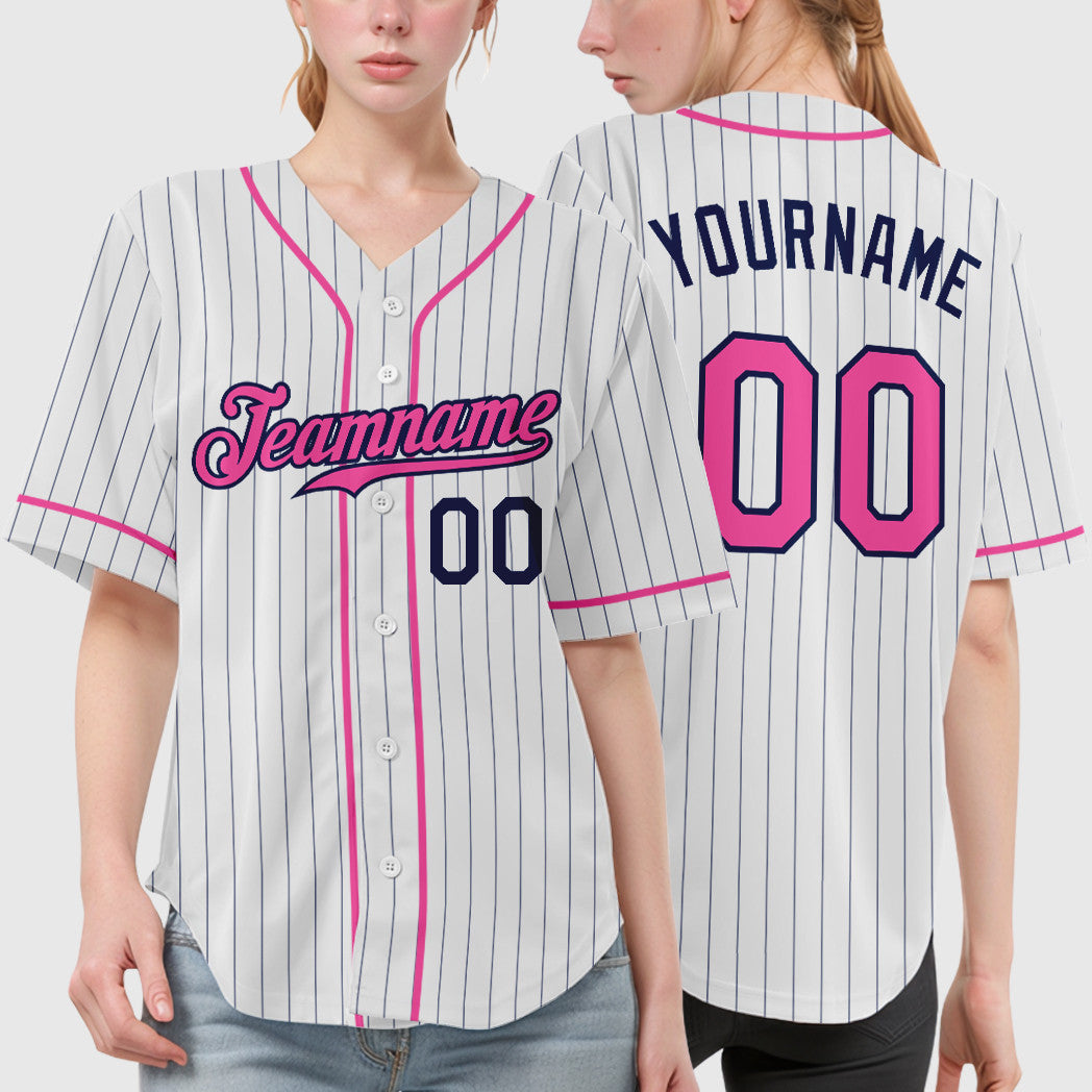 Custom White Navy Pink Piping Pinstripe Baseball Jersey