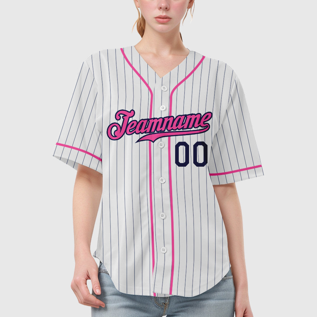 Custom White Navy Pink Piping Pinstripe Baseball Jersey