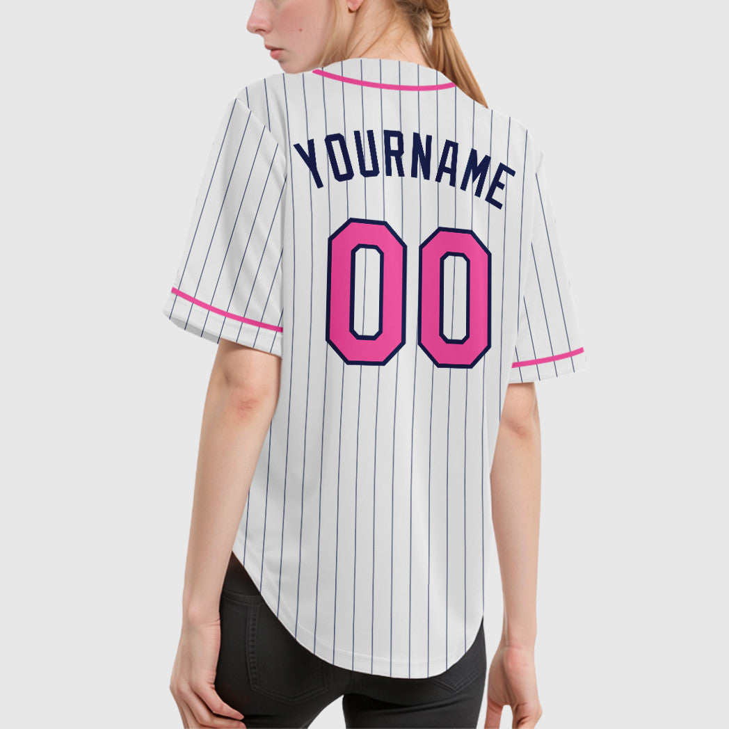 Custom White Navy Pink Piping Pinstripe Baseball Jersey