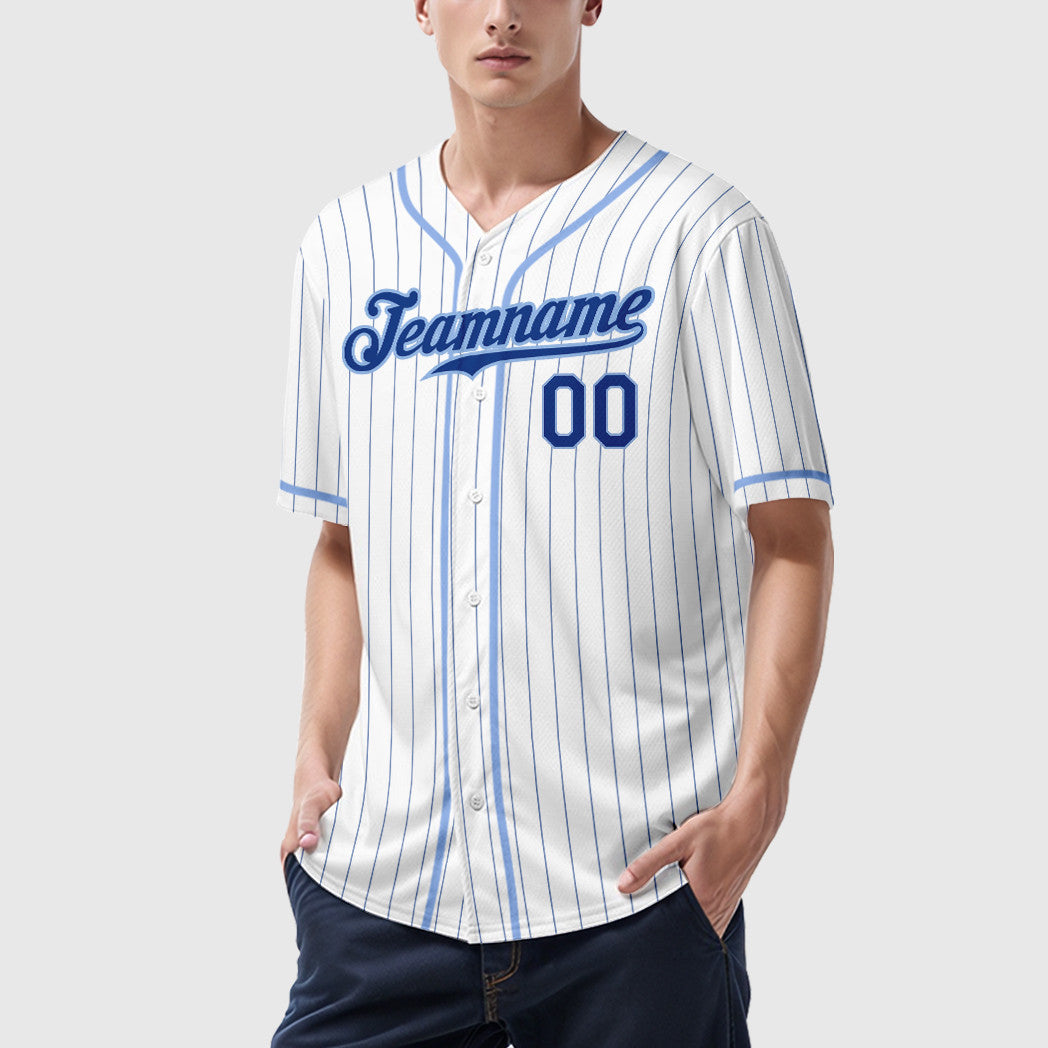 Custom White Royal Royal-Light Blue Piping Pinstripe Baseball Jersey