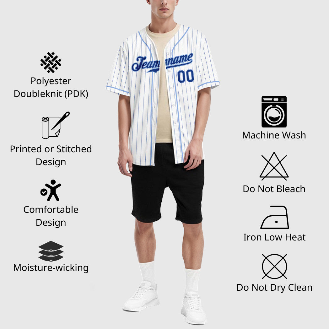 Custom White Royal Royal-Light Blue Piping Pinstripe Baseball Jersey