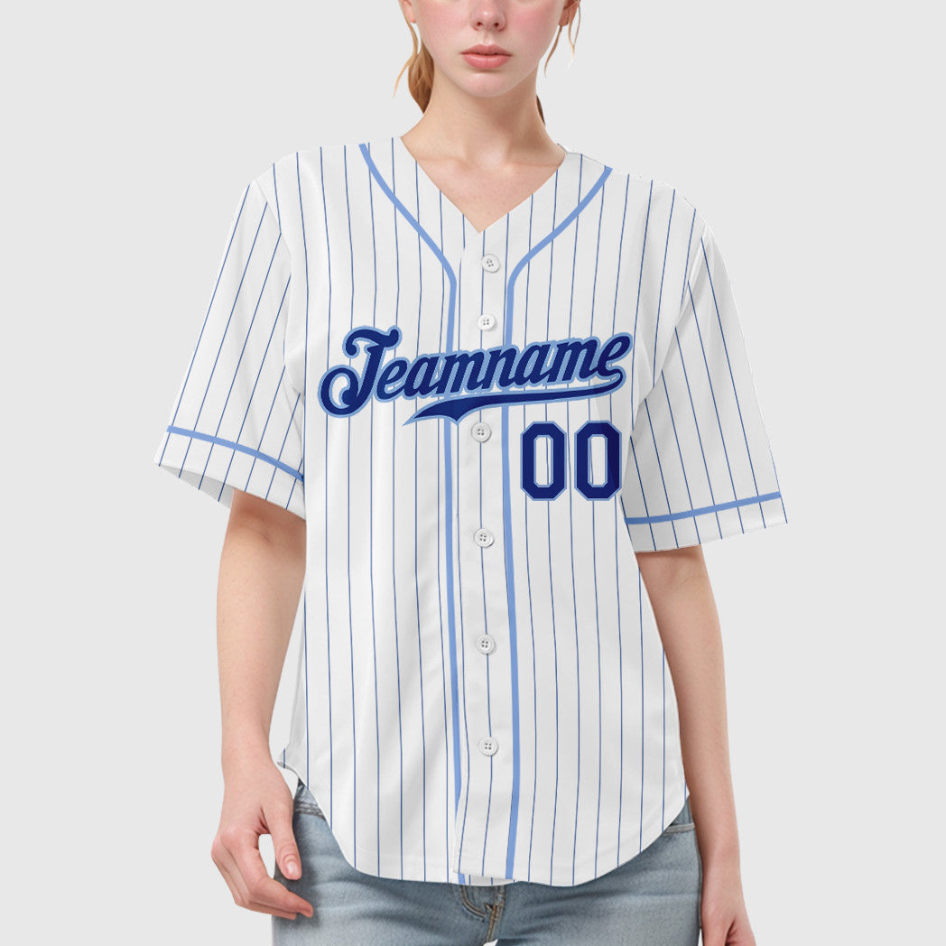 Custom White Royal Royal-Light Blue Piping Pinstripe Baseball Jersey