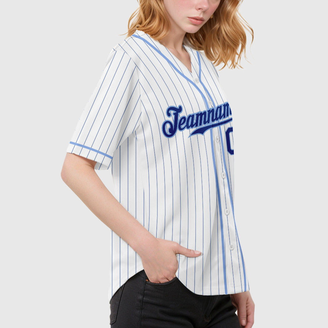 Custom White Royal Royal-Light Blue Piping Pinstripe Baseball Jersey