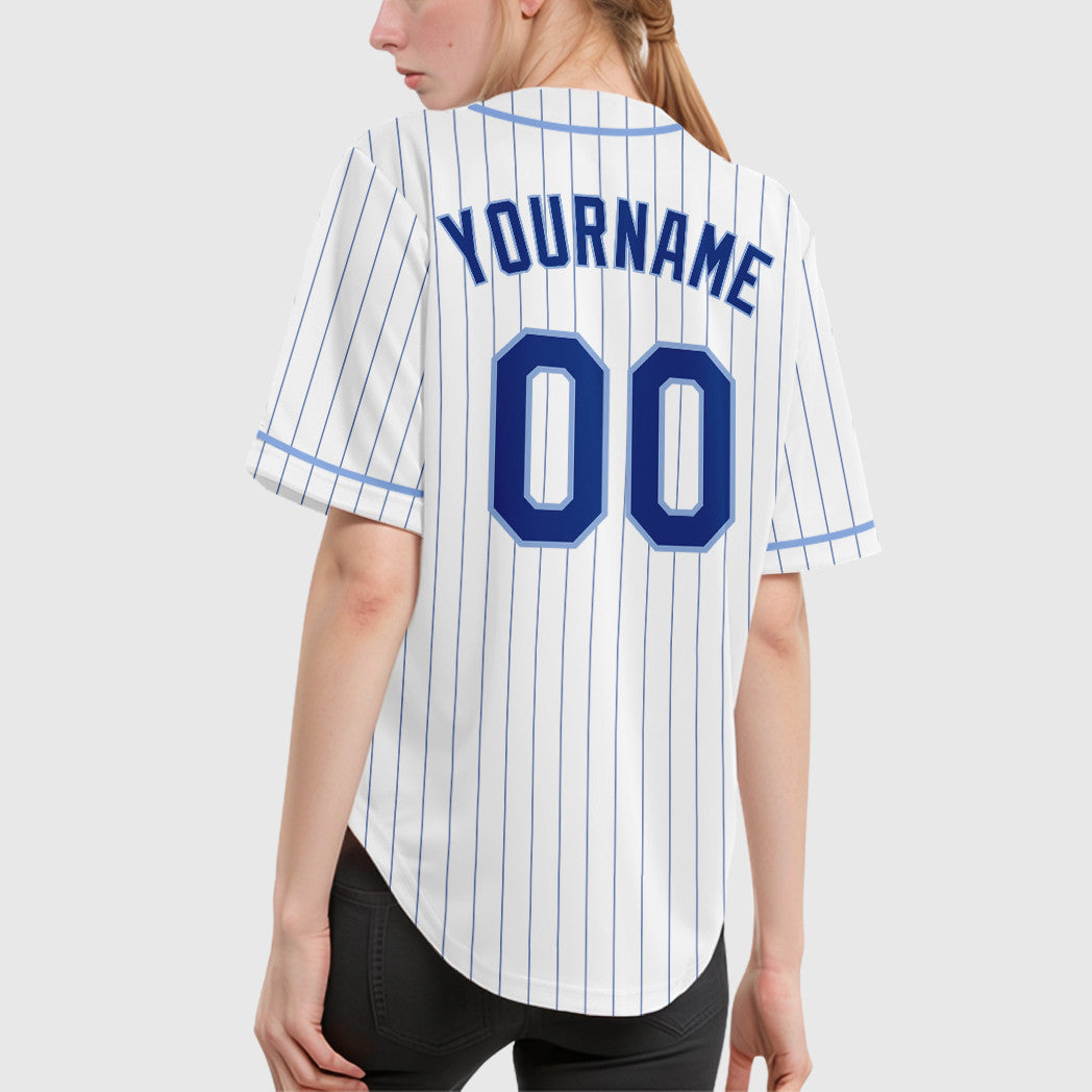 Custom White Royal Royal-Light Blue Piping Pinstripe Baseball Jersey