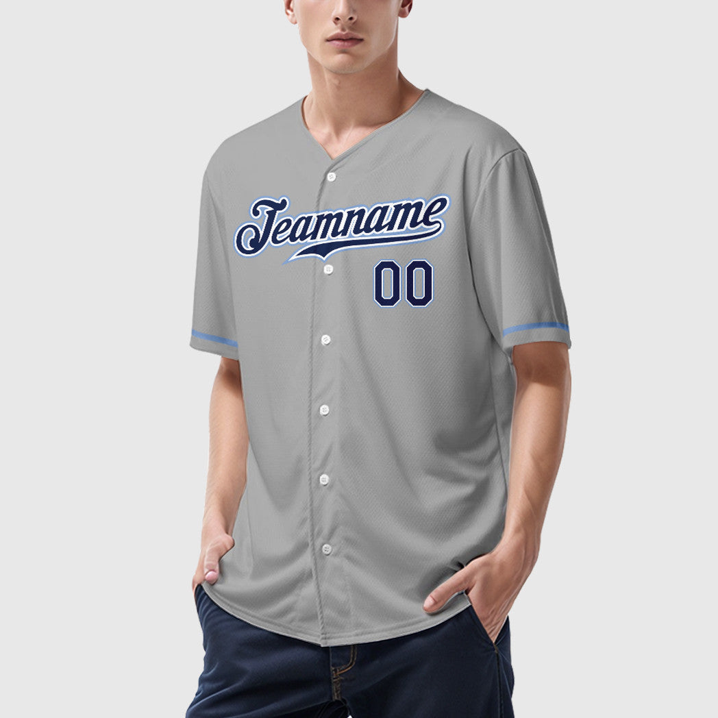 Custom Gray Navy Navy-Light Blue Baseball Jersey
