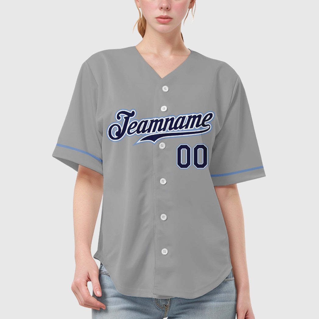 Custom Gray Navy Navy-Light Blue Baseball Jersey