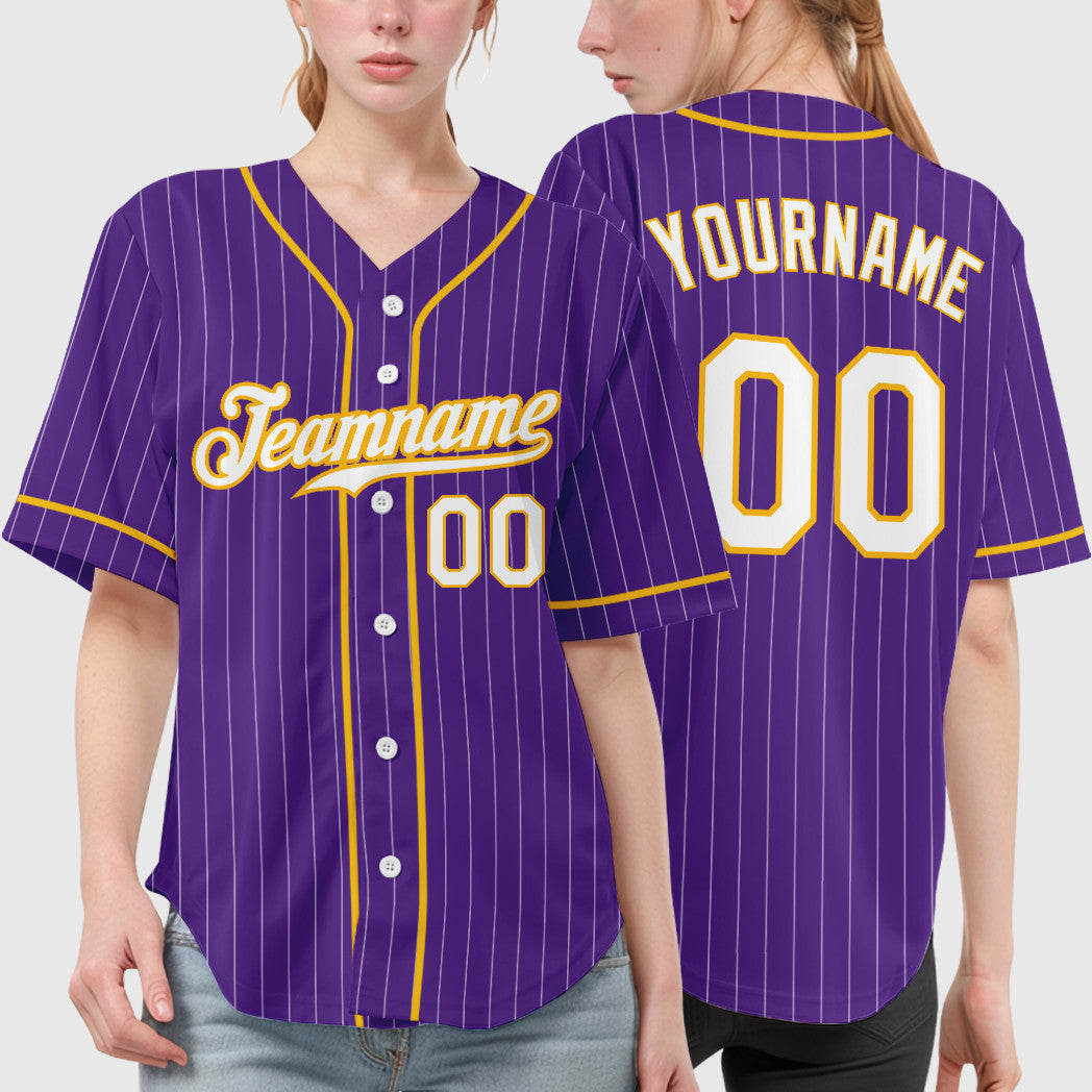 Custom Purple White Gold Piping Pinstripe Baseball Jersey