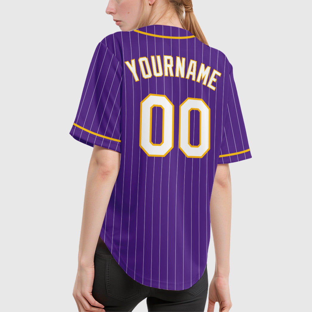 Custom Purple White Gold Piping Pinstripe Baseball Jersey