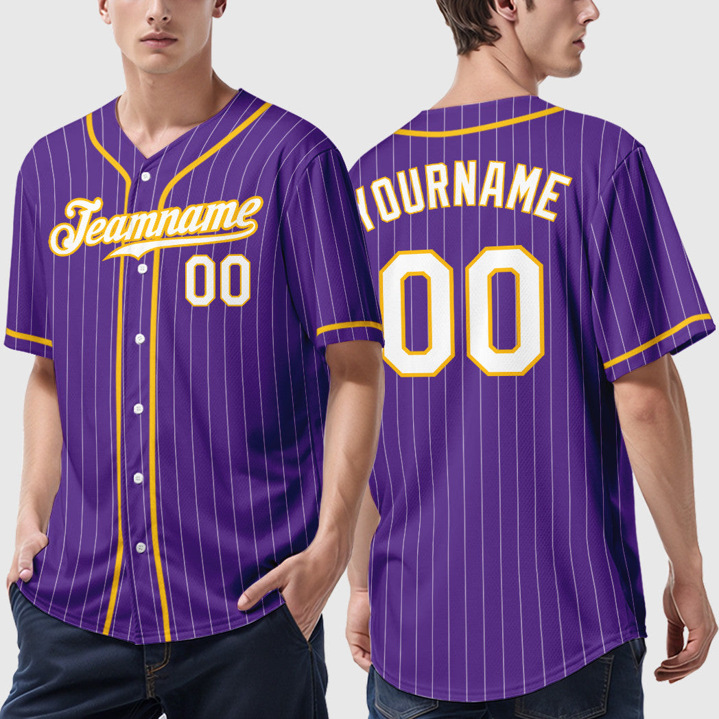 Custom Purple White Gold Piping Pinstripe Baseball Jersey