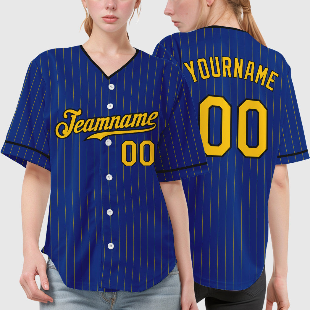 Custom Royal Yellow Black Pinstripe Baseball Jersey
