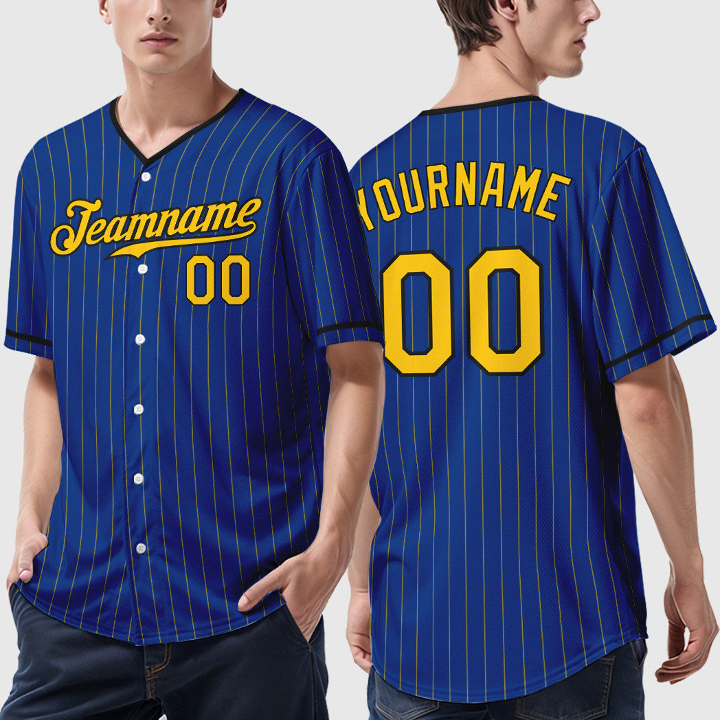 Custom Royal Yellow Black Pinstripe Baseball Jersey