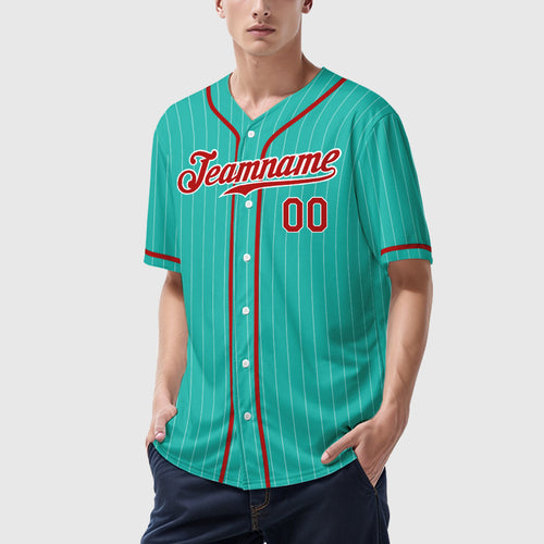 Custom Aqua White Red Piping Pinstripe Baseball Jersey