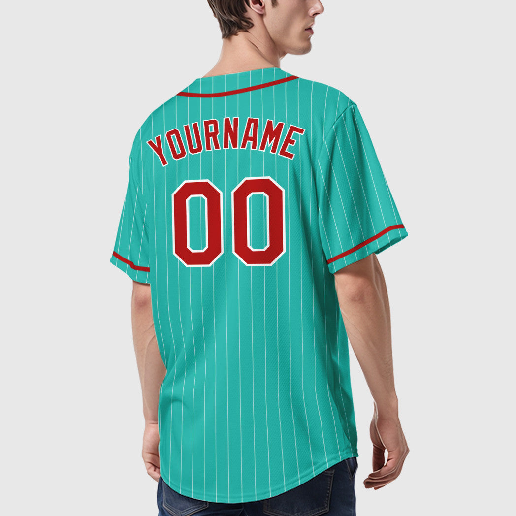 Custom Aqua White Red Piping Pinstripe Baseball Jersey
