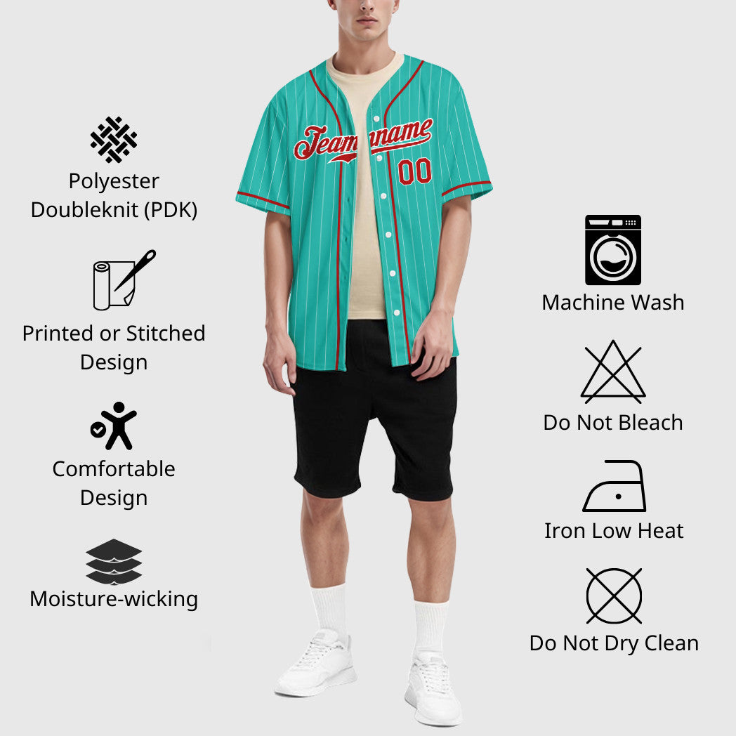 Custom Aqua White Red Piping Pinstripe Baseball Jersey