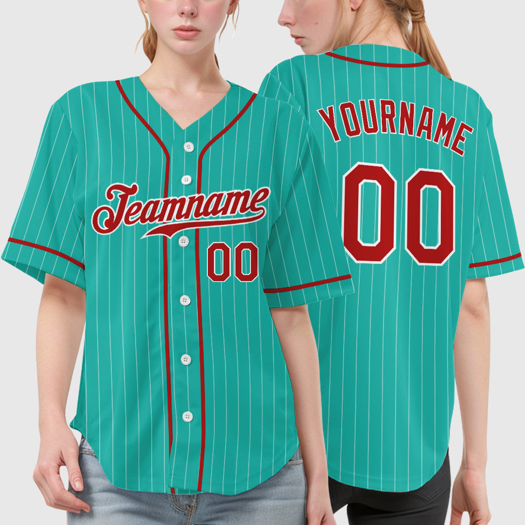 Custom Aqua White Red Piping Pinstripe Baseball Jersey