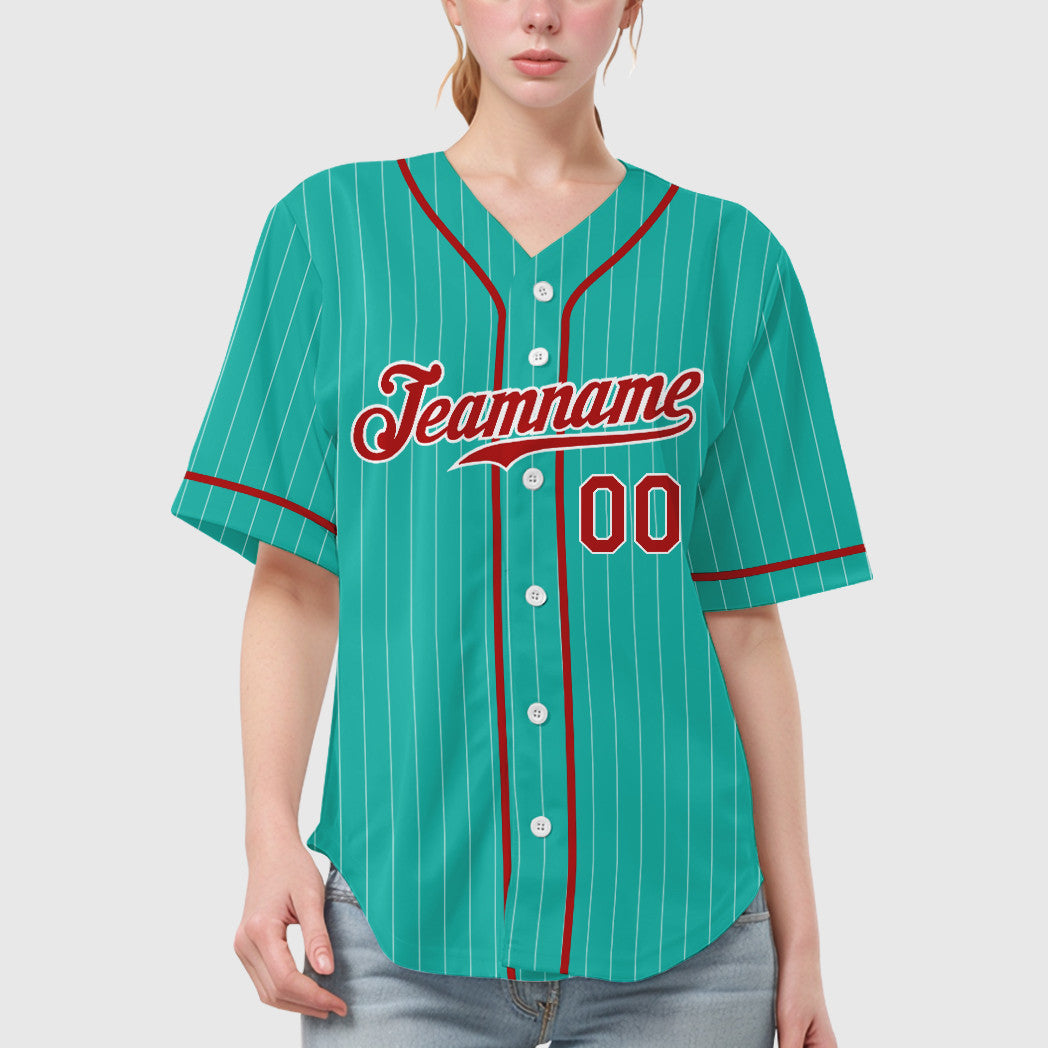 Custom Aqua White Red Piping Pinstripe Baseball Jersey