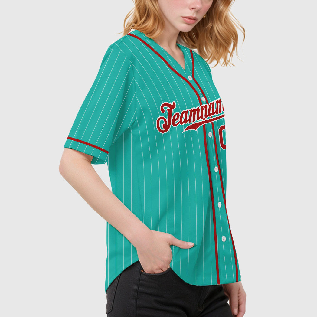 Custom Aqua White Red Piping Pinstripe Baseball Jersey