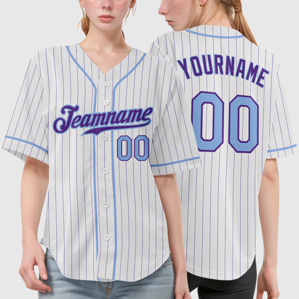 Custom White Purple Light Blue Piping Pinstripe Baseball Jersey