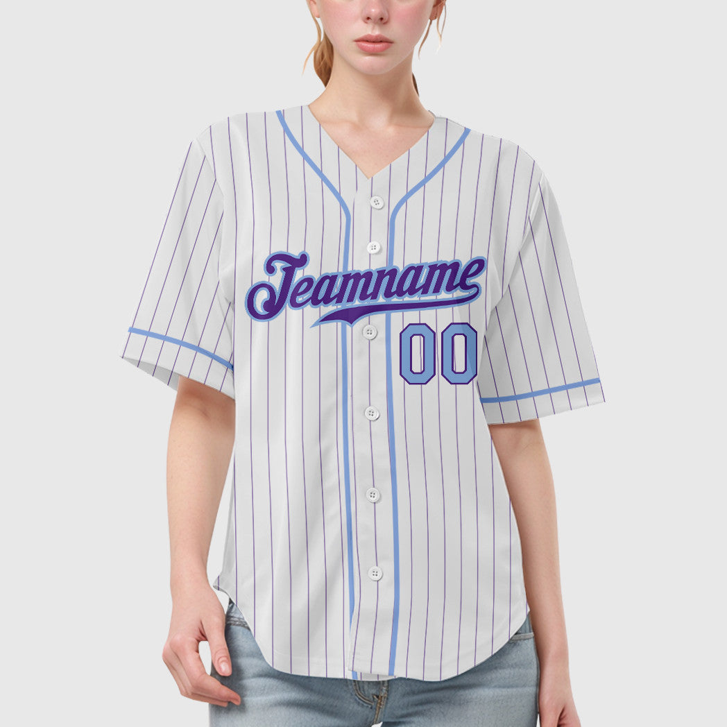 Custom White Purple Light Blue Piping Pinstripe Baseball Jersey