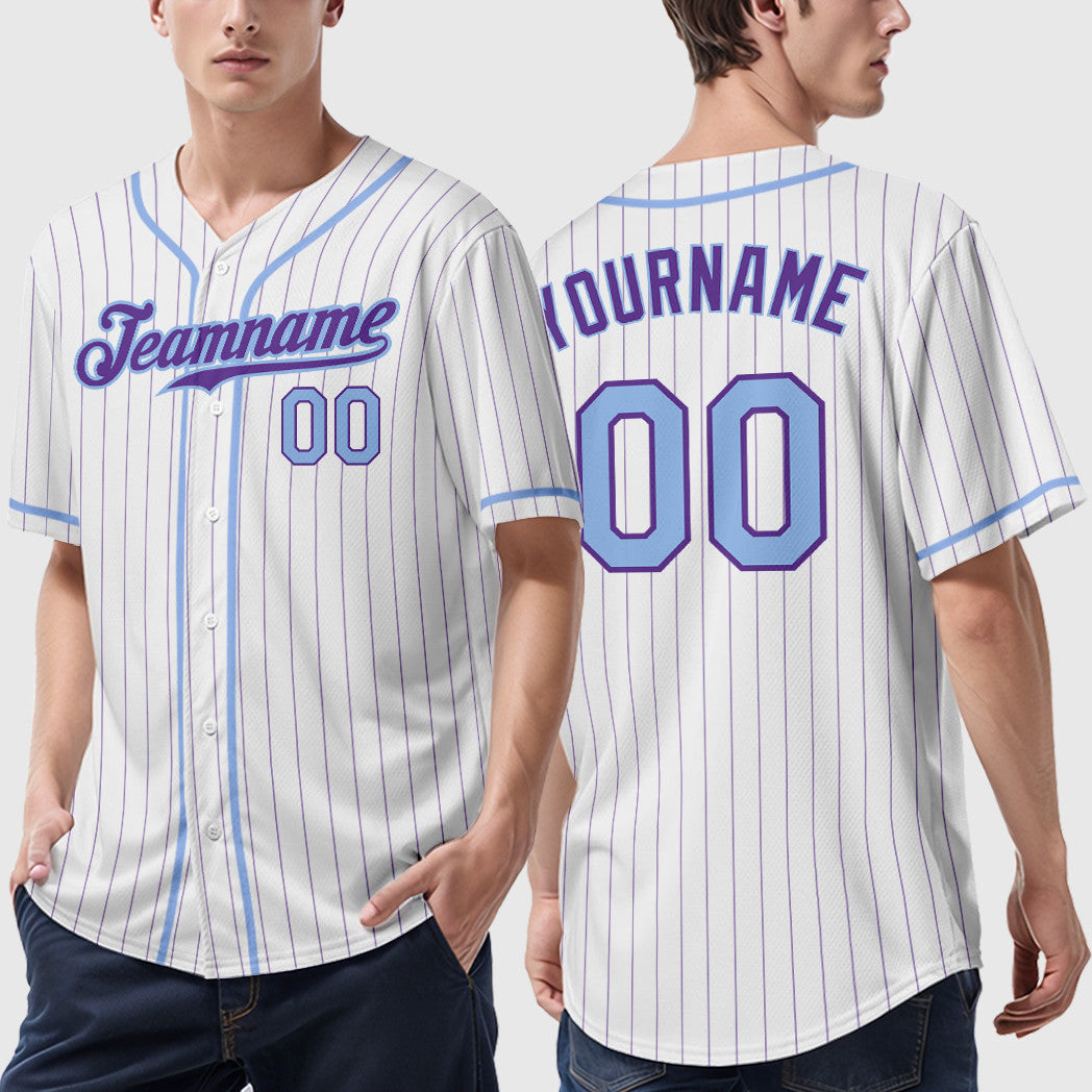 Custom White Purple Light Blue Piping Pinstripe Baseball Jersey