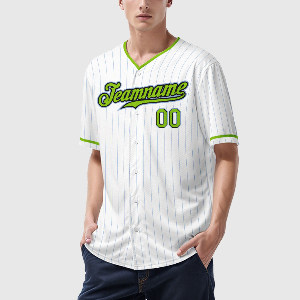 Custom White Light Blue Neon Green-Black Pinstripe Baseball Jersey