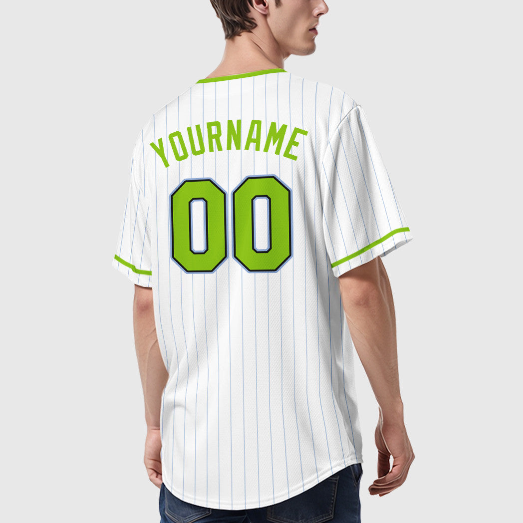 Custom White Light Blue Neon Green-Black Pinstripe Baseball Jersey