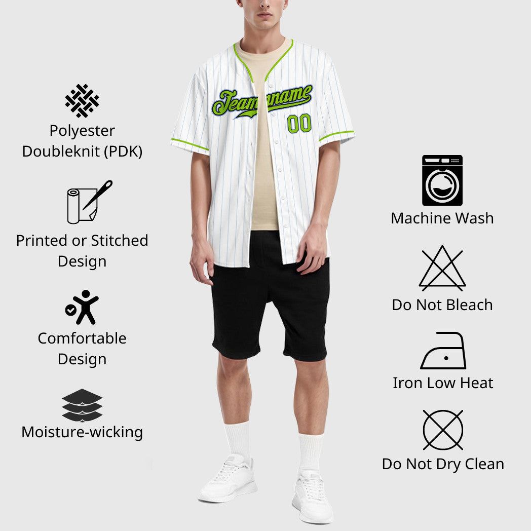 Custom White Light Blue Neon Green-Black Pinstripe Baseball Jersey