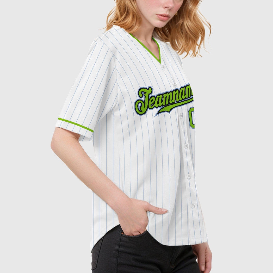 Custom White Light Blue Neon Green-Black Pinstripe Baseball Jersey