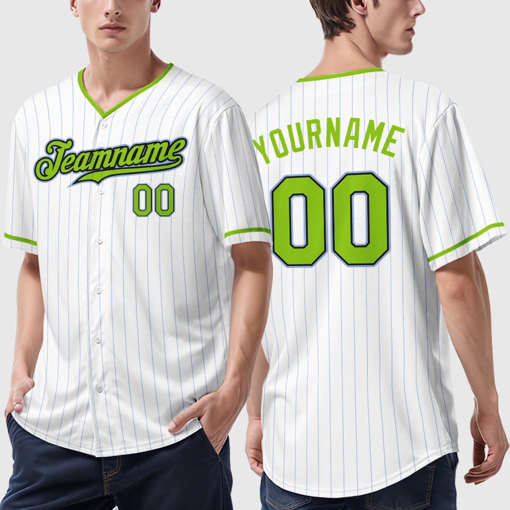 Custom White Light Blue Neon Green-Black Pinstripe Baseball Jersey