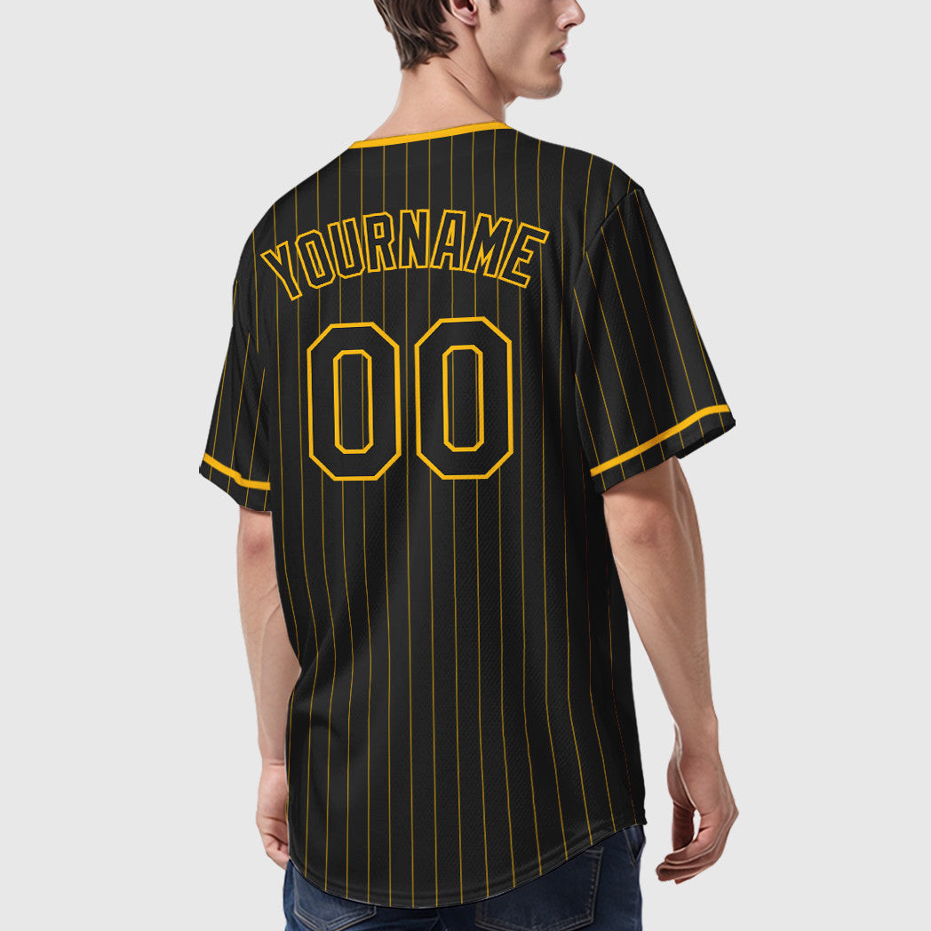 Custom Black Gold Black Pinstripe Baseball Jersey