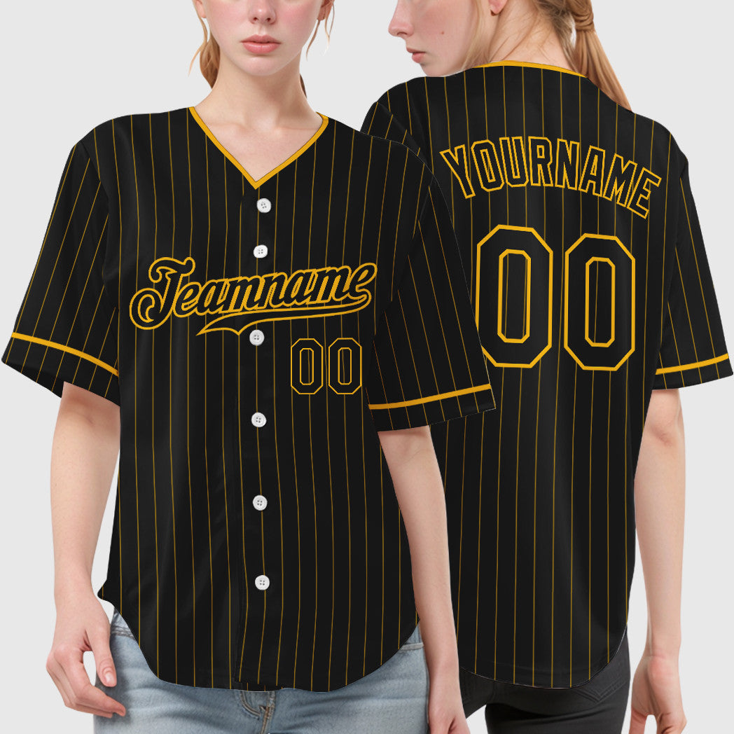Custom Black Gold Black Pinstripe Baseball Jersey