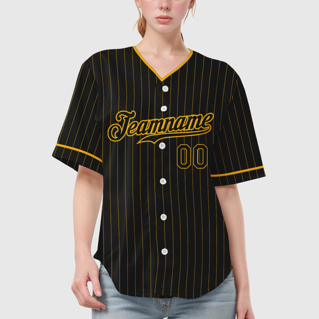 Custom Black Gold Black Pinstripe Baseball Jersey