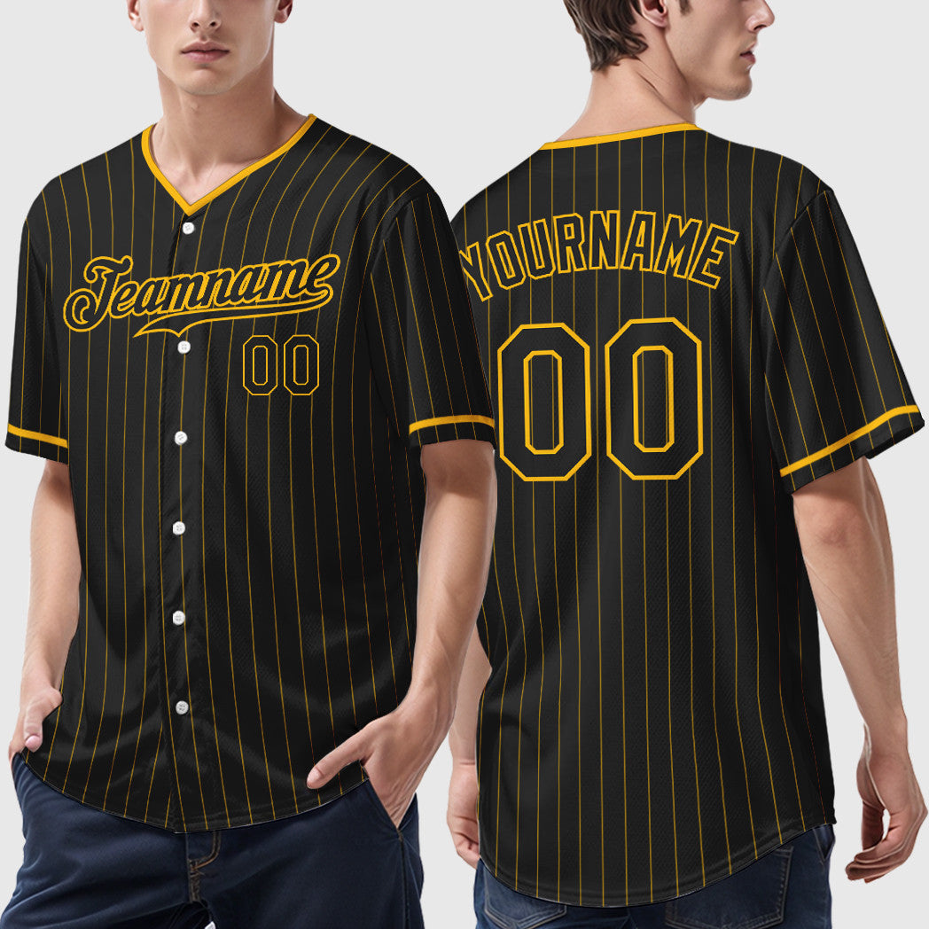 Custom Black Gold Black Pinstripe Baseball Jersey
