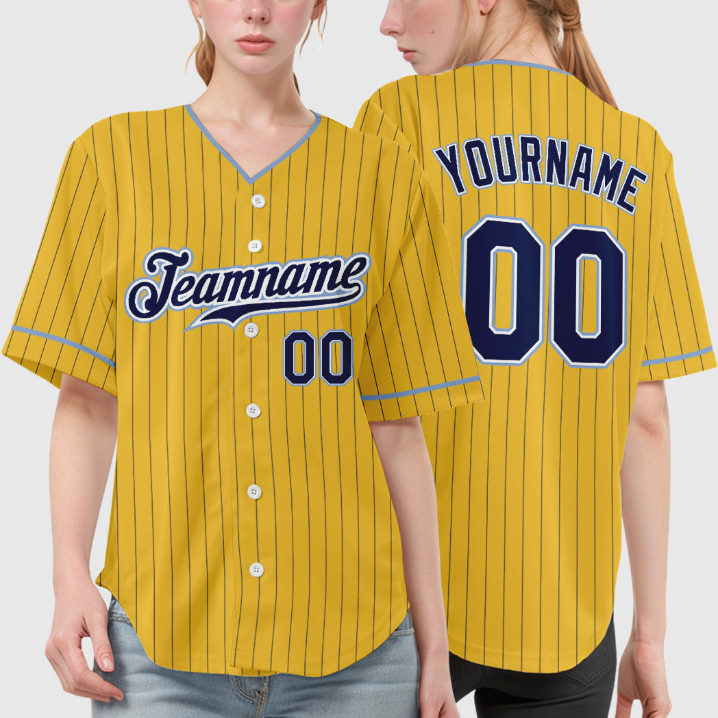 Custom Yellow Navy Navy-Light Blue Pinstripe Baseball Jersey