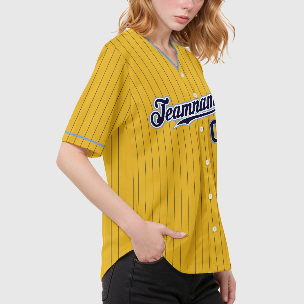 Custom Yellow Navy Navy-Light Blue Pinstripe Baseball Jersey