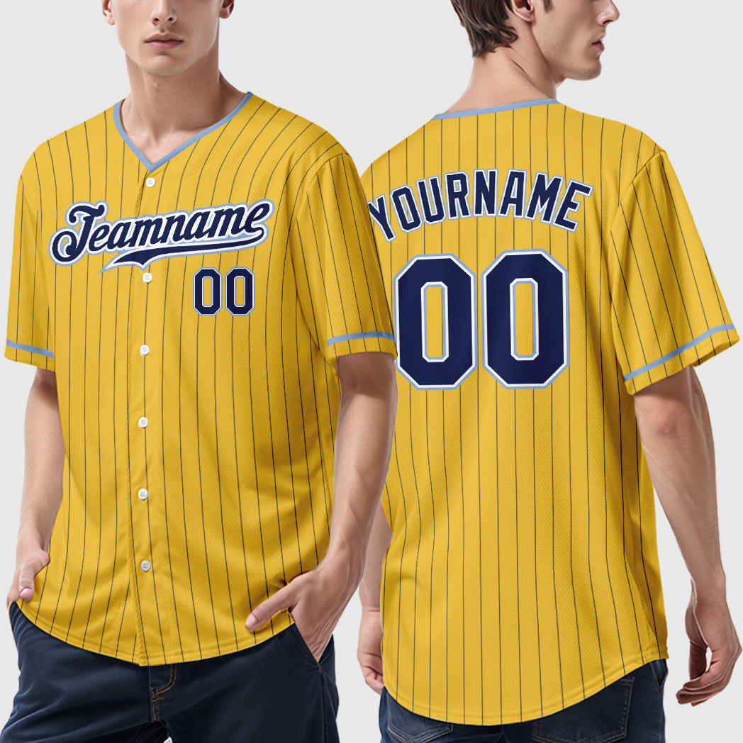 Custom Yellow Navy Navy-Light Blue Pinstripe Baseball Jersey