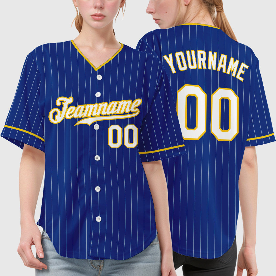 Custom Royal White Yellow Pinstripe Baseball Jersey