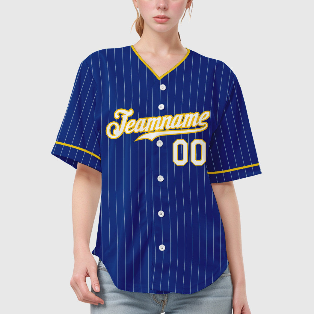 Custom Royal White Yellow Pinstripe Baseball Jersey