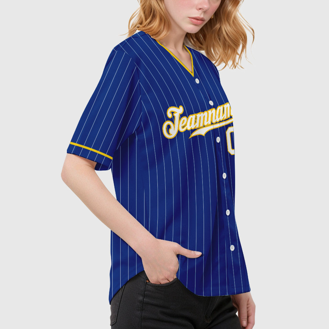 Custom Royal White Yellow Pinstripe Baseball Jersey